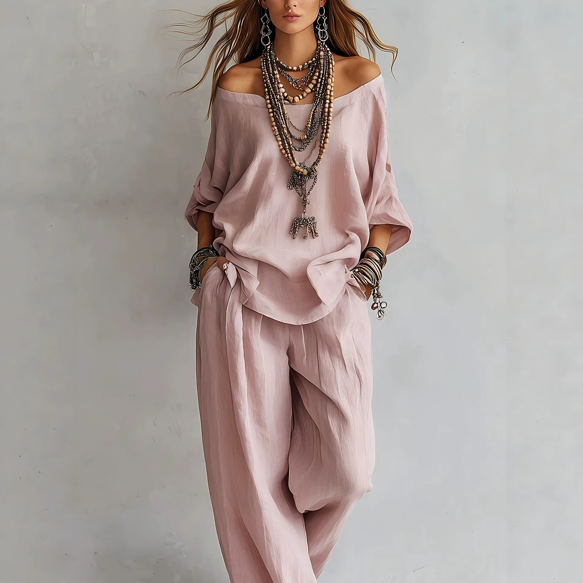 Linen Pant Wide - Günlük Bol Keten Üç Çeyrek Kollu
