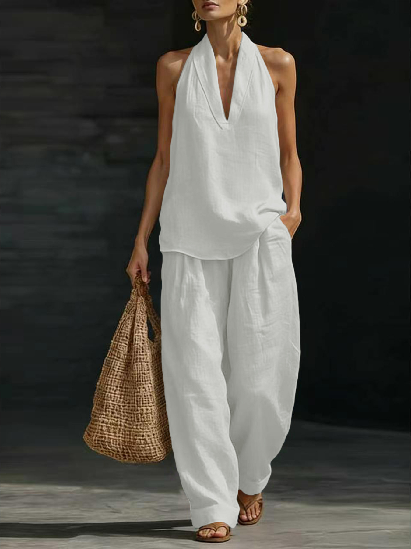 Linen Pant Wide - Kadınlar İçin Keten 2 Parça Takım